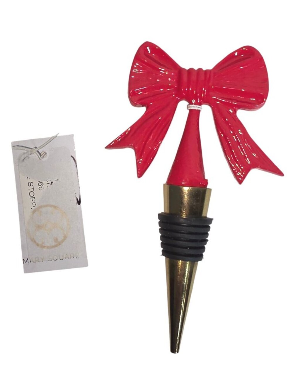 New Mary Square Red Bow Wine Bottle Stopper Metal Gold Bottom Christmas Festive